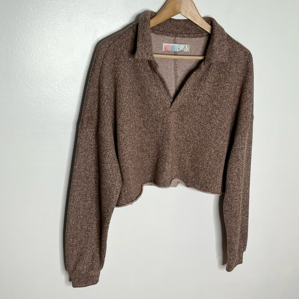Free People Beach Long Sleeve Cropped Pullover Sweatshirt Womens M Brown V Neck - Picture 3 of 10